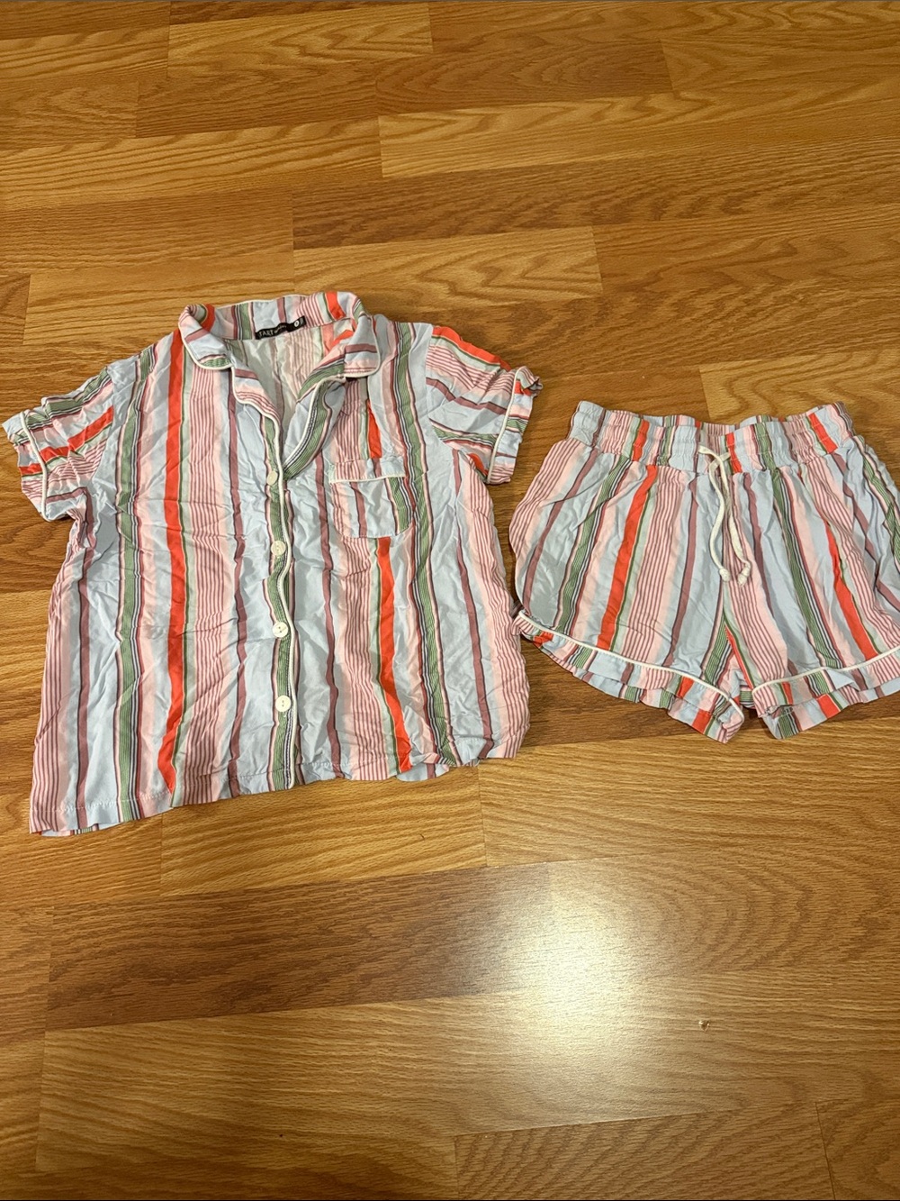 Striped Multicolor women’s Pajama Set - Short Sleeve Button Top & Shorts